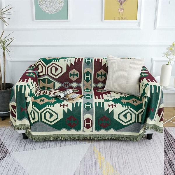 Soffa filt soffa överkast säng överkast stolsskydd resefilt dekorativ filt sofföverdrag med pompom retro etnisk geometrisk mönster 130 c