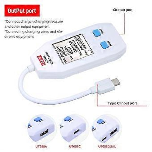 USB Strømmåler LCD USB Tester Detektor Voltmeter Amperemeter Digital Strømkapasitetstester (UT658C)