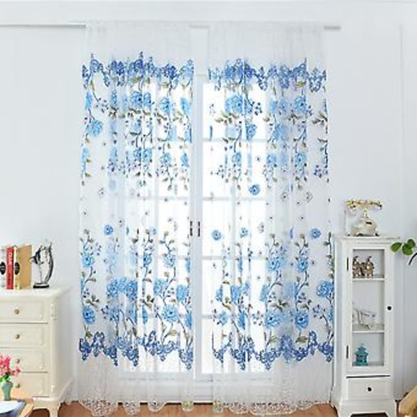 100 x 200 cm Blomsterprint Tyndt Tørklæde Transparent Gardiner Voile Vinduespaneler Blå