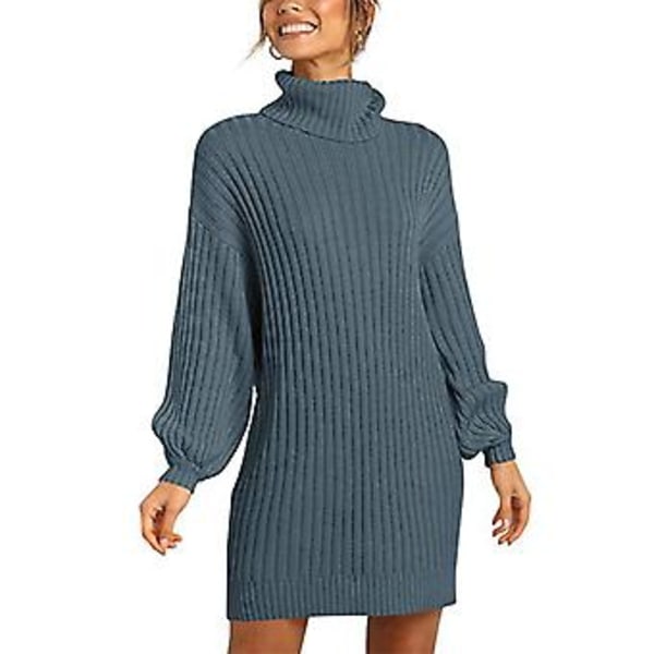 Strikkjoler Høj Krave Lange Lanternærmer Pullover Afslappet Løs Kjole til Kvinder Disblå M