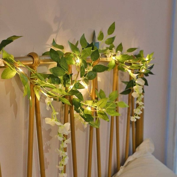 2 Meter 20 LED Flower Leaf Garland, Green Leaf Rattan Fairy String Lights Warm White Wedding Party Holiday Patio Decoration, Battery Powered (White