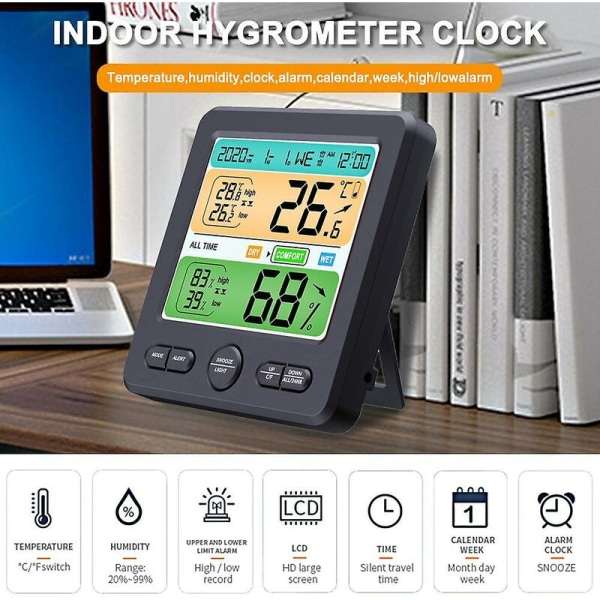 Väderstation trådlös inomhus utomhus sensor termometer hygrometer digital väckarklocka barometer prognos färg Svart
