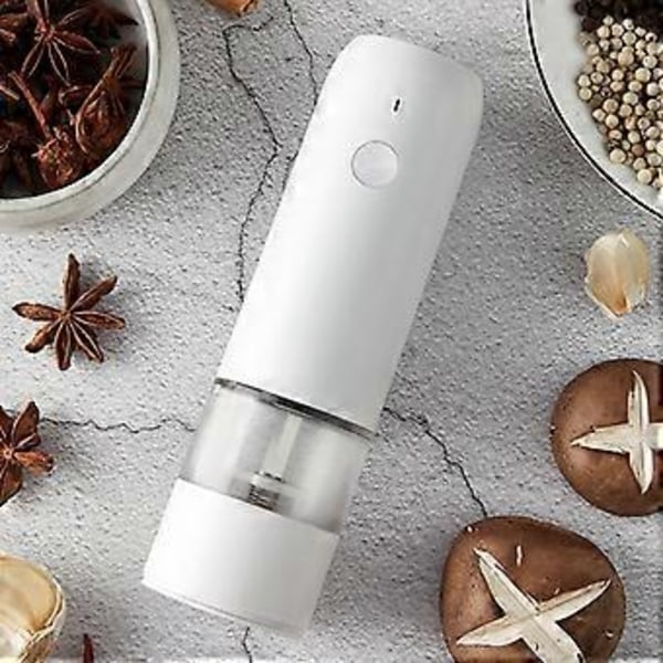 Elektrisk Automatisk Kvarn för Peppar och Salt USB-Laddning Krydda Salt Pepparkvarn Justerbar Grovhet Kvarn (Vit)