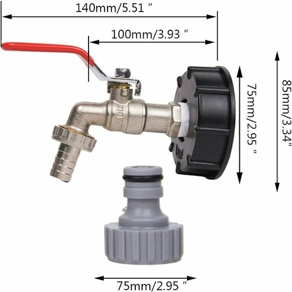 Hanojen 1000L sadevedenkeräyshana, IBC-vesisäiliön sovitin 1/2\" kaksinkertainen sadevedenkeräyshana, messinkihana valmistettu PP-karkealangasta 60mm (