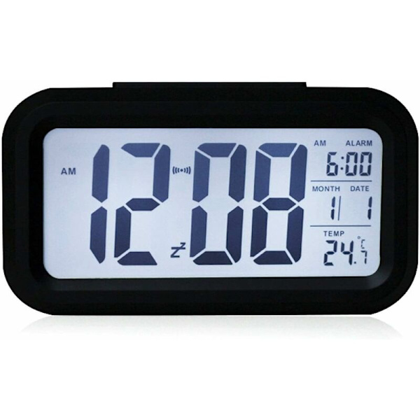 Sort digitalt trådløst batteridrevet vækkeur med dato, temperatur, smart lyssensor, 12/24 timer, SChristmasze til soveværelser, kontorer