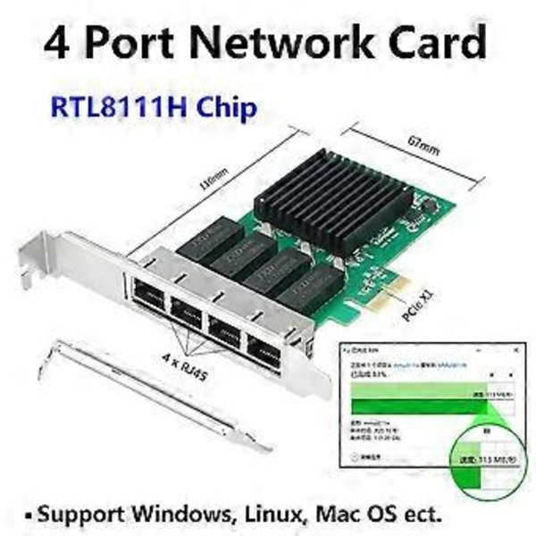 4 Port Netværkskort PCI Express X1 til RJ45 RTL8111H Chip 10/100/1000Mbps Gigabit Ethernet Lan Kort til PC Desktop
