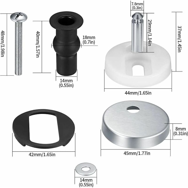 2 stk. toiletsæde hængslede toiletbeslag. Fastgørelsesskruer og dyvler til toiletsædet. Fastgørelse af toilettet.