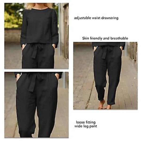 Dam 2-dels Outfits Enfärgad Rundhals Långärmad Dragsko i Midjan Vida Ben Byxdress för Vardagsbruk Svart L