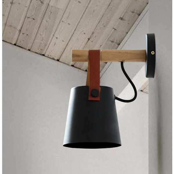 E27 Modern Wall Lamp Metal Style Wrought Iron Wood Belt Wall Lamp Creative Nordic Lighting Pendant Lamp (Black) - RWLight and lighting / Indoor ligh