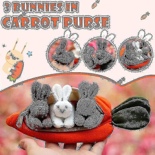 Hide-and-seek Bunnies In Carrot Pouch, 3 Bunnies In A Carrot Purse, Easter 3 Rabbits Into Carrot Purse Zipper Bag Funny Toy Gifts