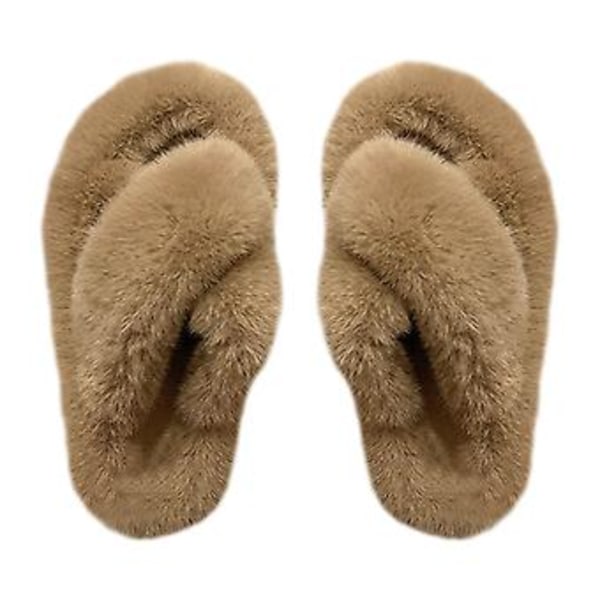 Dame Fuzzy Tøfler Åpen Tå Kryssbånd Stil Varme Myke Kunstig Ull Dame Hjemmesko for Soverom Hjem Khaki 38 EU Størrelse