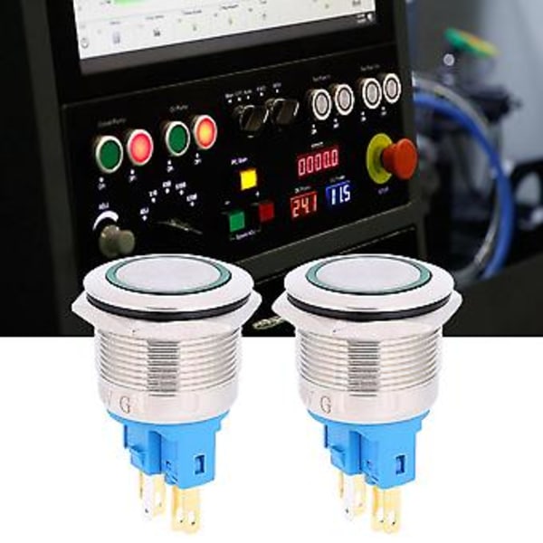 2 kpl AC220V 22mm rengas itselukittuva 6-nastainen painonappikytkin, ruostumaton teräs, vihreä LED, kestävä ja korkealaatuinen, ihanteellinen teollisuuslaitteisiin, tee-se-itse