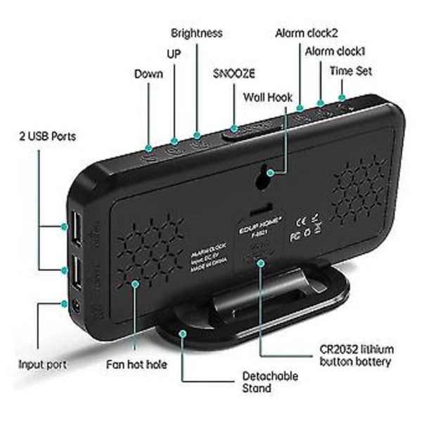 HD Spegel Digital Dag Visning Nattläge Obegränsad Snooze Bordsklocka 12/24h Alarm/LED Klocka