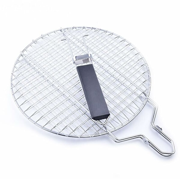 Grillikori, kannettava grilli irrotettavalla puukahvalla, pyöreä grillikorin halkaisija: 28 cm, kalojen, katkarapujen, vihannesten grillaamiseen