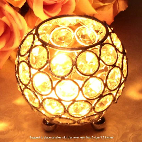 Rund gyllene kristallskål ljusstake 8 cm diameter - för bröllop soffbord mittpunkt dekoration passar LED-ljus / varmare, presentförpackning Pac