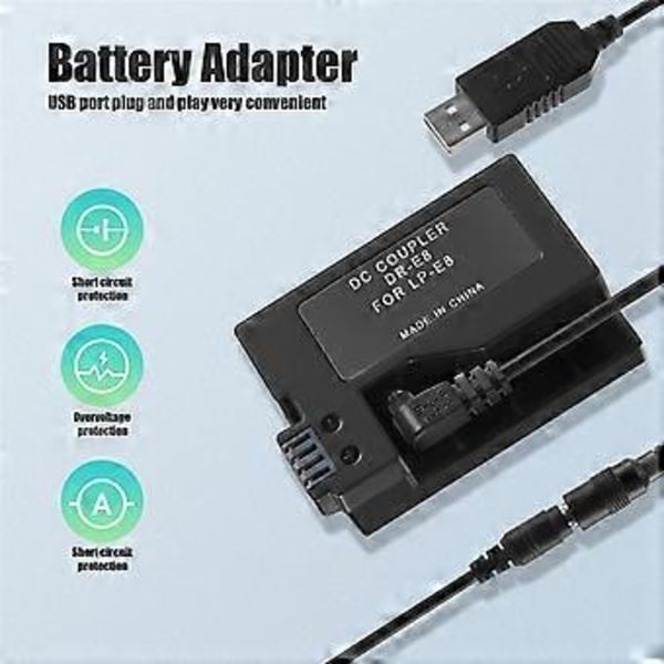 -E8 Dummy Batteri med DC Power Bank USB Adapter Kabel Erstatning for LP-E8 for 550D 600D 650D 700D DSLR Kameraer