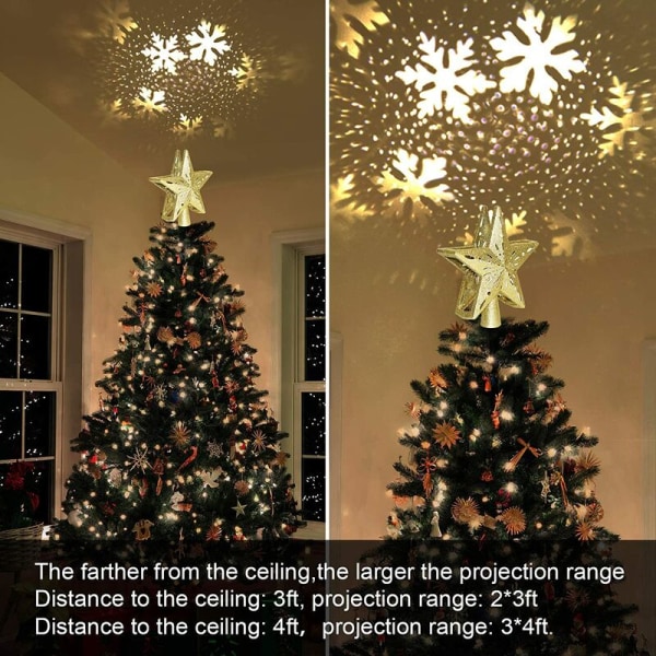 Julgransljusstjärna med roterande LED-snöflingaprojektor, 2 i 1, guldglitter, 5 punkter, 24 cm, för julgransdekoration (gyllene