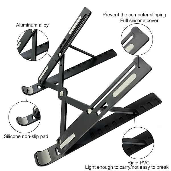 Bærbar computer stand, foldbar og justerbar ABS bærbar computer stand til tablet computer, ergonomisk bærbar computer stand stabil og solid sort