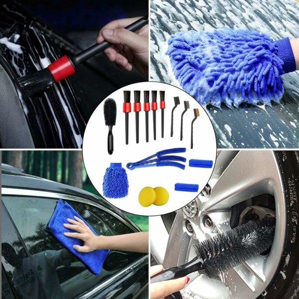 15Pcs Car Cleaning Brush, Interior Exterior Car Cleaning Brush Kit (Detail Brushes, Wheel Brush, Wash Mitt, Vent Brush, Wax Applicator Pads,