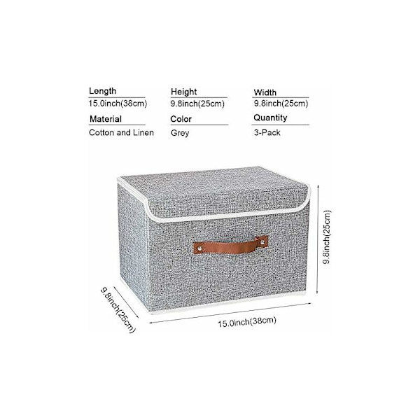 3-pack förvaringslådor med lock hopfällbara linnetyg förvaringskorgar för handdukar, böcker, leksaker, kläder etc. (grå, 38x25x25cm)