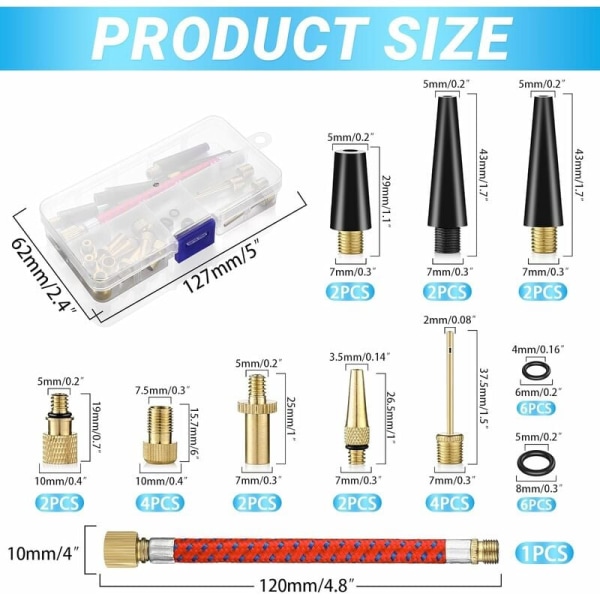 Cykelpumpmunstycke, 33 delar ballonguppblåsningsmunstycke, DV SV AV cykelpumpadapter med förvaringslåda, ventiladapter med uppblåsningsslang, fo