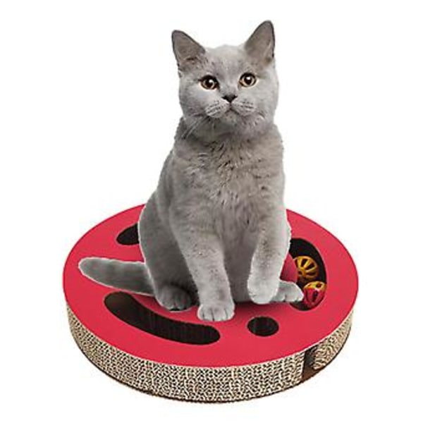 Kattklösbräda Leksak 3 i 1 Interaktiv Förtjockad Rund Korrugerad Kattunge Klösleksak med Bell Ball Röd