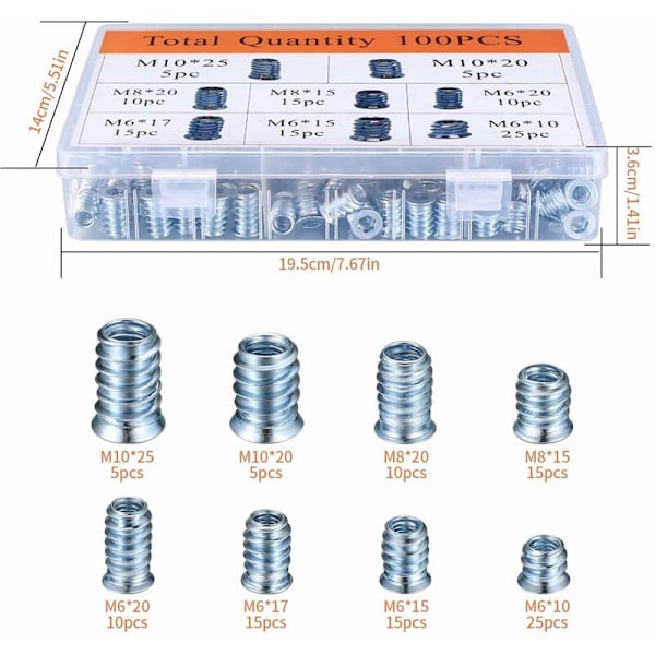 100 stk. skruehylstre, forsænkede hovedskruer, M6/M8/M10 skruebolte med skrueindsats, sekskantet sokkel gevindskruemøtrikindsats