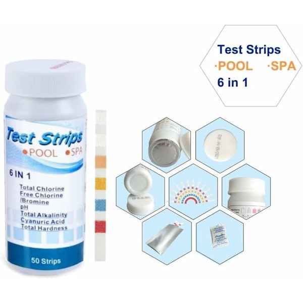 Teststrimler for basseng, 6 i 1 teststrimler for basseng og spa for pH, total klor, fri klor/brom, total alkalinitet (50 stk)