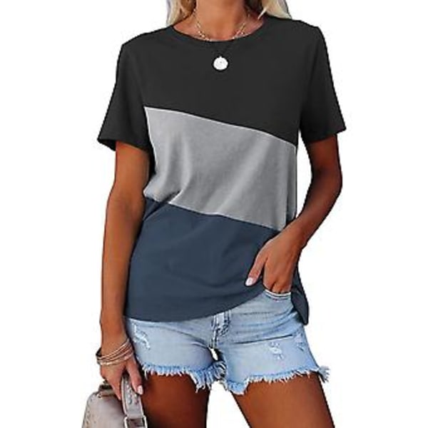 T-shirt med rund hals för kvinnor, lös färgkombination, ledig kortärmad, ventilerande dam T-shirt med kort ärm för kontoret, mörk orkidé 3XL