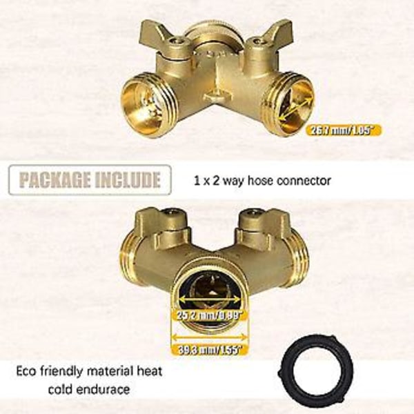 Messing Hageslange Splitter (2-veis), ny og forbedret - utløpssplitter, slangesplitter, solid messing slange Y-splitter 2 ventiler, pluss 2 ekstra gummiskiver