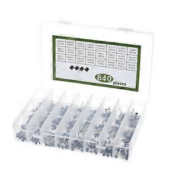 840 stk/sett 24 verdier TO-92 Transistor Sortimentsett BC327 BC337 BC547 2N2222 3904 3906 C945 PNP/NPN Transistorpakke