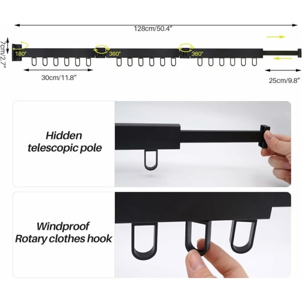 3-tasoinen laajennettava seinälle kiinnitettävä pyykkiteline parvekkeelle ja kylpyhuoneeseen, musta, taitettava seinäkiinnitys
