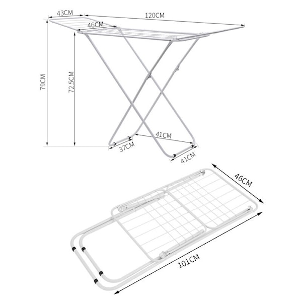Vaatteidenkuivausteline, taitettava pyykkiteline tankoilla, vapaasti seisova vaatteidenkuivausteline, sisä-/ulkokäyttöön, vuodevaatteet ja vaatteet, valkoinen