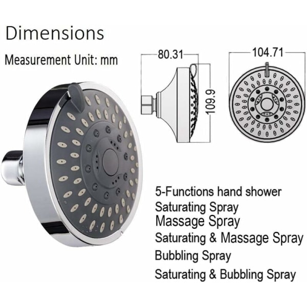 Høytrykksfast dusjhode, diameter 10 cm, 5 sprøytemoduser justerbar, rotert 360 grader, anti-lavt vanntrykk, forkromning, sui