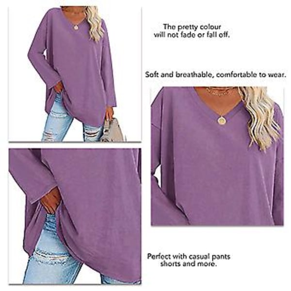 Dame Bluse Langermet Skjorte Ensfarget Pullover V-hals Løs Kant Casual Design Lilla XL