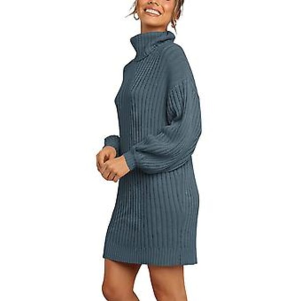Tröjklänningar Hög Krage Långa Lyktärmar Pullover Ledig Lös Klänning för Kvinnor Disblå M