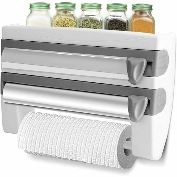 Aluminum Foil and Cling Wrap Dispenser, Roll Paper Holder with Sharp Blades and Storage Rack, for Kitchen Bathroom 15.35 x 3.94 x 9.45 Inch