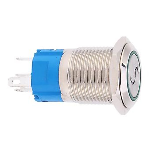 2 st 16mm Tryckknappsbrytare Rostfritt Stål Skal Platt Huvud med Lampa och Nummer 5 Symbol IP65 Grön 12VDC