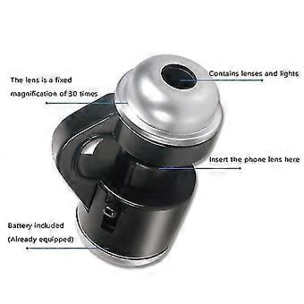 30x Zoom Stark LED Mikroskop Förstoringsglas Clip-on Mobiltelefon Kameralins för Smartphone