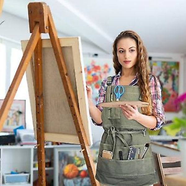 Konstnärsförkläde i Canvas med Fickor Målarförkläde Justerbar Nackrem Midjeband Trädgårdsarbete