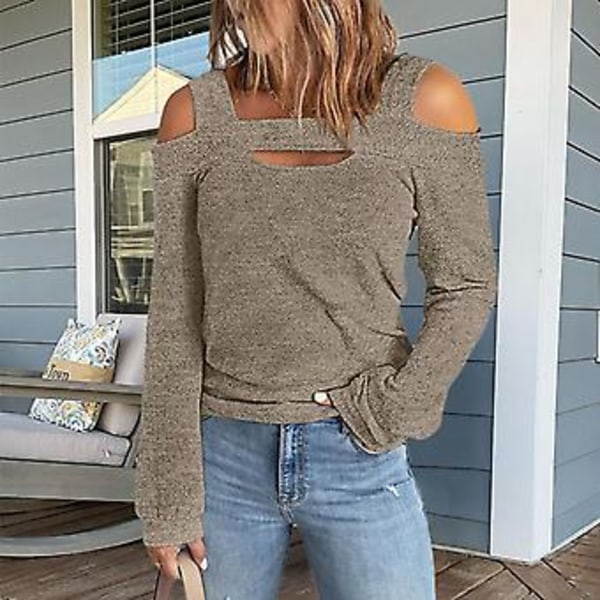 Dame Cold Shoulder Top Udskåret Design Ensfarvet Moderigtig Langærmet Bluse til Hjemme Shopping Khaki L