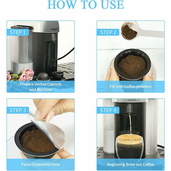 3-pak gjenbrukbare og påfyllbare kaffekapsler for VertuoLine, 230 ml sorte kaffekapsler med 60 aluminiumsfolie lokk, kompatibel med Nespresso Vert
