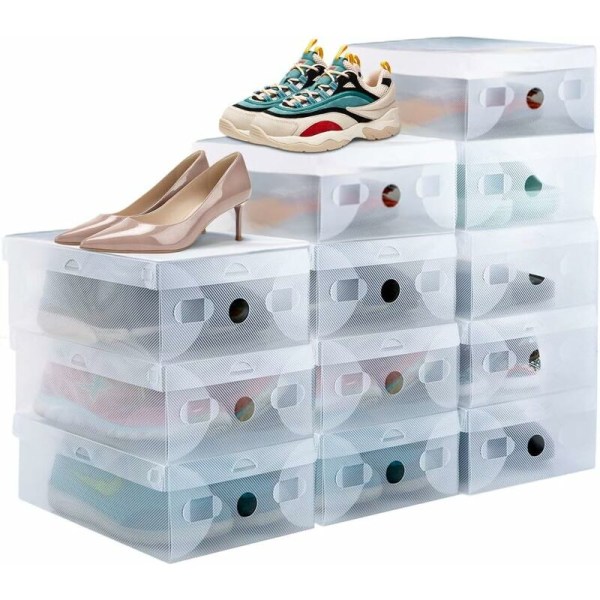 12 st Skolådor i plast Genomskinlig skokartong Förvaring Fällbar staplingsbar skokartong 28 cm x 18 cm x 9,5 cm Skobehållare Organizer för skor UK storlek
