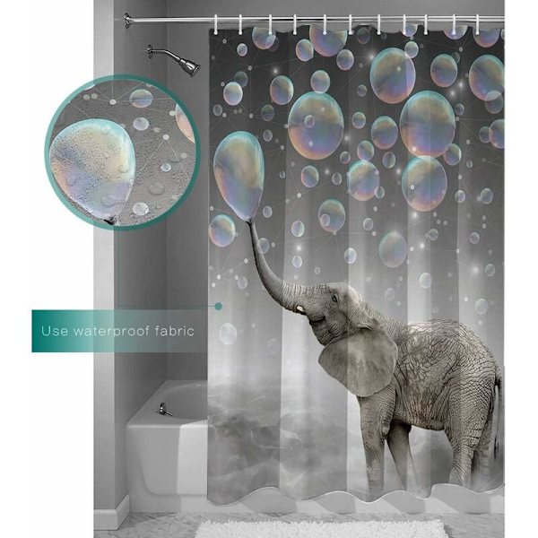 Design Bruseforhæng, Dyr Elefant Blæser Bobler Drøm Farverig Print, Vandtæt Stof Badeværelse Dekor Sæt med Kroge 180 x 180cm