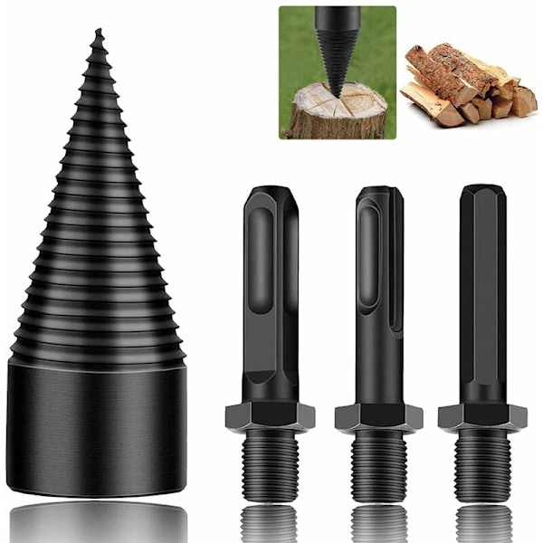 Wood Splitting Drill Bit 42mm Log Splitter, Cone Drill Bit, Durable Splitting Screw Cone Wood Grinding Tool with 3 Drill Handles, Square/Round/Hexag