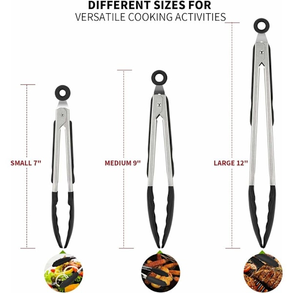 Set med 3 grilltenger i rustfritt stål, kjøkkenredskaper med varmebestandig silikonkonhåndtak, non-stick buffettenger, BPA-fri (svart)-F