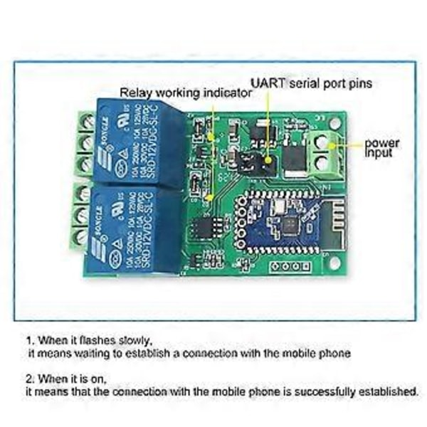 Relæmodul 2 Kanal Bluetooth Board APP Fjernbetjeningskontakt med Lysindikator DC 12V