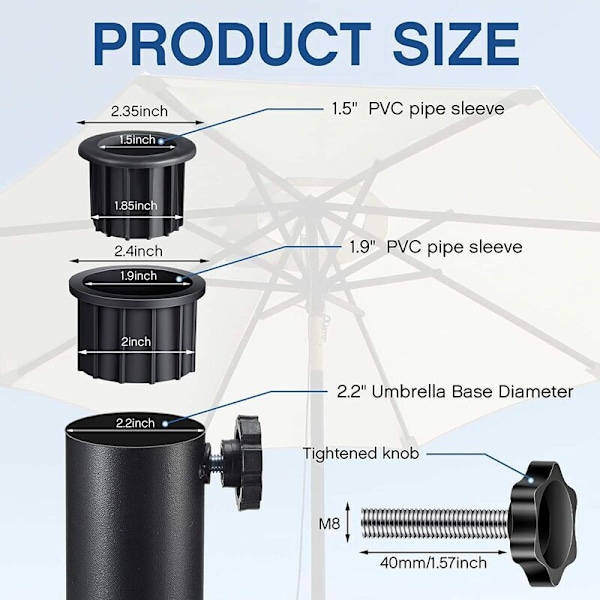 2 sæt paraplyfoddele med paraplyskruer, paraplyskruer paraplyfodrørtrådsspændingsknap sort passer til 2,17 tommer stolper til altan