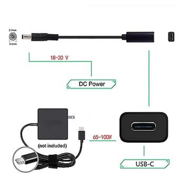 Usb Typ C Pd Adapter Omvandlare Kontakt Kabel Sladd 5.5x2.1 Mm För Laptop A
