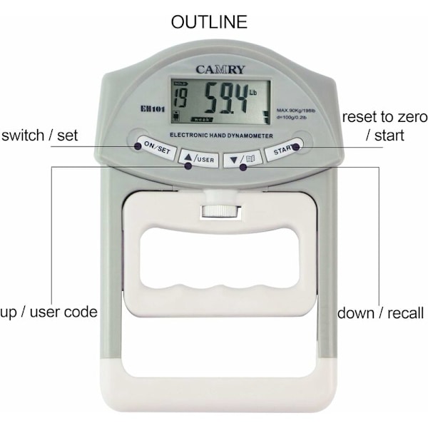 Digital greppstyrkemätare Dynamometer Automatisk registrering 200 lbs/90 kg-Grå